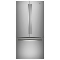 a silver refrigerator freezer sitting on top of a white wall