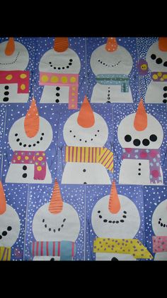 paper snowmen with hats and scarves on them