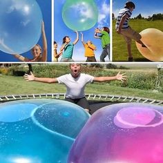 there is a man that is playing in the water with some balloons and people behind him