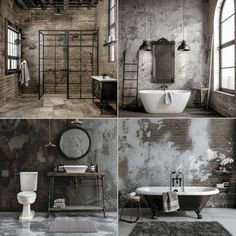 four different pictures of an old bathroom with tub, toilet and sink in black and white