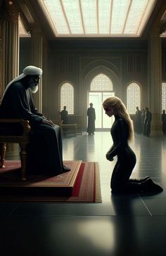 a woman sitting on the floor next to a man in a black suit and white turban