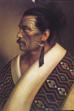 an image of a native american man with tattoos on his face and neck, looking to the side