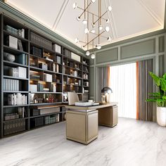 a home office with bookshelves and a cow hide rug