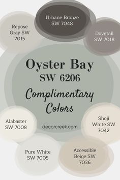 The image displays complementary colors for the paint "Oyster Bay SW 6206" by Sherwin-Williams. It features color swatches with labels, including Urbane Bronze, Dovetail, Repose Gray, Alabaster, Shoji White, Pure White, and Accessible Beige. The background is a soft green representing the Oyster Bay color, and the overall design highlights a mix of neutral and earthy tones. Trim With Alabaster Walls, Alabaster And Pure White, Accessible Beige And Alabaster, Alabaster Paint Scheme, Accessible Beige Bedroom, Alabaster Bedroom, Alabaster And Accessible Beige, Alabaster Sherwin Williams, Beige Dining Room