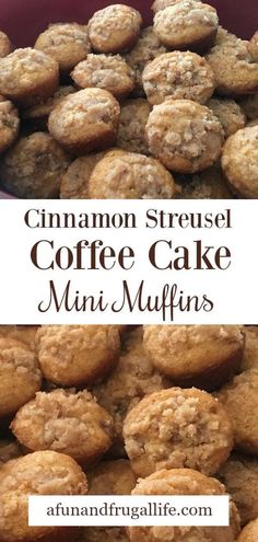 cinnamon streusel coffee cake muffins stacked on top of each other in a bowl