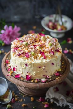 a cake with white frosting and pink flowers on the top is sitting on a plate