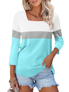 PRICES MAY VARY. Trendy 3/4 sleeve t shirts: Square neck tops, color block/solid, loose fit, dressy causal style. Square neckline show your elegant neckline and reveal delicate collarbones. Square neck t shirt allows you come with a various look from comfy to chic Soft Womens T Shirts: Polyester, Cotton and Spandex. This 3/4 sleeve tops for women made of extra soft, breathable, stretchy and not see-through fabric, offer you with all day comfort. Suitable for spring, summer and fall Perfect for V Classic Chic Outfits, Ladies Blouses, Casual Summer Tops, Summer Blouses, Casual Tops For Women, Tees For Women, Dressy Casual, Tops For Women, Work Casual