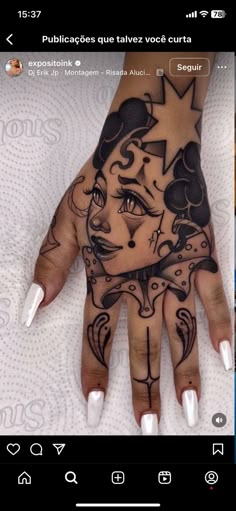 a woman's hand with tattoos on it, and an image of a face