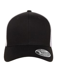 Adult 110® Mesh Cap - BLACK/WHITE - OSFA | Flexfit Adult 110 Mesh Cap in Black/White Size OSFA | Cotton/Polyester Blend T Flat Bill Hats, White Caps, Panel Hat, Sport Hat, Mesh Cap, Brushed Cotton, Custom Leather, Leather Patches, Snapback Cap