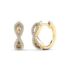 Showcase your forever love with these dazzling infinity diamond hoop earrings. Crafted in 10K yellow & white solid gold, each lovely earring features an infinity symbol-shaped design is scattered with shimmering diamond that add just a hint of subtle sparkle. Crafted in 10K gold 1/5CT TDW Diamond Color H-I Diamond Clarity I1-I2 High polish finish 100% genuine and natural diamonds Infinity Earrings Gold, Gold Infinity Earrings For Anniversary, Hypoallergenic Diamond Hoop Earrings For Anniversary, Hoop Diamond Earrings, Infinity Hoop, Gold Diamond Hoop Earrings, Infinity Earrings, Infinity Symbol, White Solid