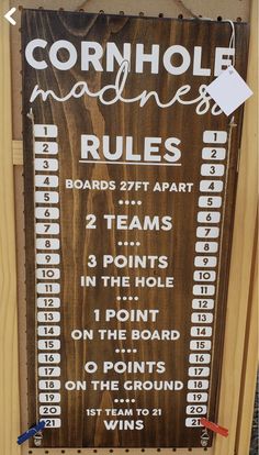 a sign that is on the side of a wooden board with numbers and words written in white