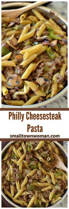 two pictures showing different types of pasta in a skillet with the words, phily cheesesteak pasta