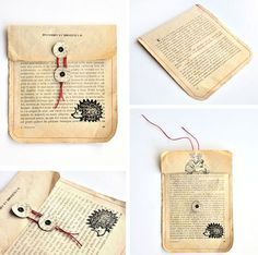 four different pictures of an old book with buttons and thread on it, including the pages