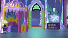 a cartoon bedroom with purple walls and curtains