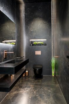 a modern bathroom with black marble walls and flooring, along with a plant in the corner