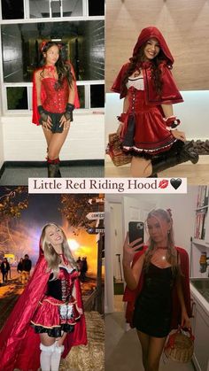 three pictures of women dressed in costumes and holding cell phones, one is wearing a red riding hood