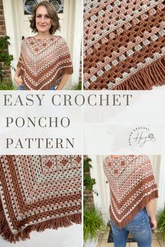 4 images: 2 of a crochet poncho in neutral pinks close up, and 2 images of a crochet poncho being worn Crochet Shawl Pattern Free, Crochet Hats Free Pattern