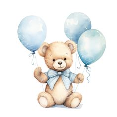 a brown teddy bear holding blue balloons on a white background and wearing a bow tie