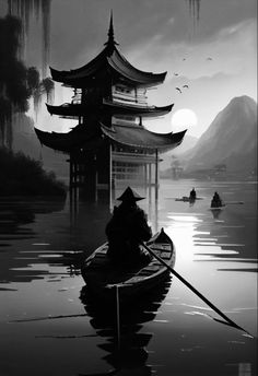 a boat floating on top of a body of water next to a tall building with pagodas