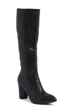 Glistening rhinestones shimmer like a disco ball under dance floor lights in these tall party-perfect boots finished with a covered heel and pointed toe. 3 2/3" heel 15" shaft Full side zip closure Synthetic upper, lining and sole Imported Sparkling High Heel Evening Boots, Embellished Evening Boots For Party Season, Elegant Knee-high Boots With Rhinestones, Glamorous Embellished Boots For Formal Occasions, Glamorous Sequined Party Boots, Sparkling High Heel Holiday Boots, High Heel Rhinestone Boots For Cocktail, Cocktail High Heel Boots With Rhinestones, Glamorous Pointed Toe Knee-high Boots For Party