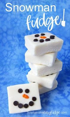 snowman fudge made with marshmallows and black dots on the top