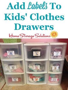 the kids'clothes drawer is organized with clear plastic bins and labels on them