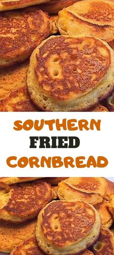 some pancakes are stacked on top of each other with the words southern fried cornbread