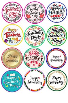 happy teacher's day badges with the words happy teachers day written in different languages