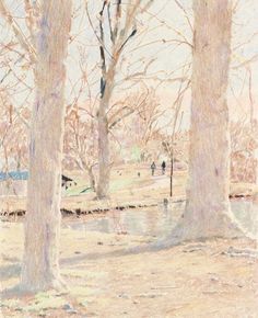 pastel drawing of trees and water in a park with no leaves on the ground