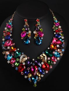 Bridal Jewelry Sets 1 set Crystal Rhinestone Alloy 1 Necklace Earrings Women's Statement Colorful Fancy Pear irregular Jewelry Set For Party Wedding Multicolor Rhinestone Wedding Jewelry, Multicolor Multi-stone Wedding Jewelry Sets, Irregular Jewelry, Elegant Festive Multi-stone Jewelry Sets, Exquisite Multi-stone Necklace For Formal Occasions, Multicolor Rhinestone Wedding Necklaces, Red Champagne, Wedding Bridal Jewellery, Green Rose