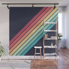 an abstract wall mural with red, grey and black stripes on the diagonal striped pattern