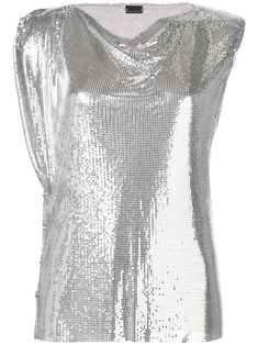 Silver-tone disco top from Paco Rabanne featuring a cowl neck, a sleeveless design, sequin embroidery and a straight fit. Paco Rabanne, Sequin, Silver