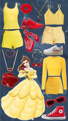 the beauty and the beast costume is shown with other items on it, including shoes, sunglasses