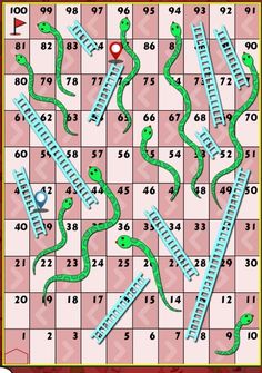 snakes and ladders board game with numbers on the tiles, including one green snake