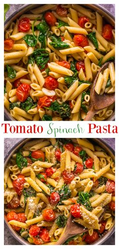 two pictures showing different types of pasta and spinach in a skillet with the words tomato spinach pasta