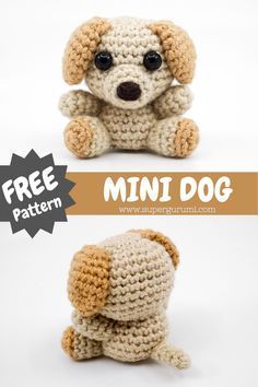 a small crocheted dog sitting next to the words free pattern for it's front and back legs