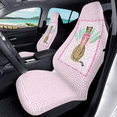 2 Car seat covers for driver's and passenger's seat Add a pop of color to the interior of your car with these girly car seat covers! These cute car decorations will add a girly aesthetic and personal touch and style to your car's interior, and they also help to keep your car seats clean from spills, stains, tearing, and fading. WARNING: These car seat covers should NOT be used with integrated airbags, seatbelts, or armrests MATERIAL * Constructed with high-quality polyester micro-fiber fabric fo Cute Car Decorations, Girly Car Seat Covers, Pink Car Decor, Preppy Cheetah, Car Accessories Pink, Cute Car Seat Covers, Pink Car Seat Covers, Pink Car Seat, Preppy Car