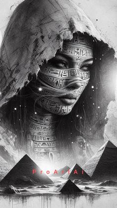 an egyptian woman's face with the pyramids in the background, as if it were made out of paper