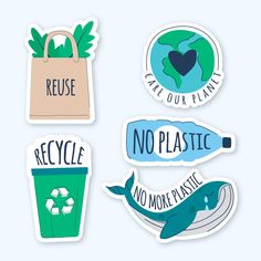 four stickers with the words recycle, no plastic, no more plastic