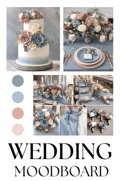 a wedding mood board with blue and pink flowers on the top, white and grey