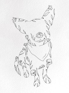 a black and white drawing of a dog with flowers on it's collar, in the shape of a heart