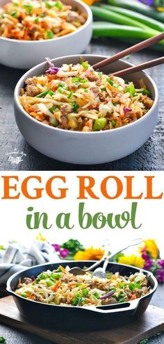 egg roll in a bowl with chopsticks and vegetables on the side, next to it