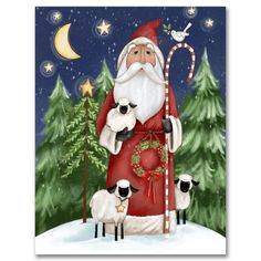 a painting of santa claus holding two sheep in front of a christmas tree with a candy cane