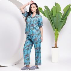 Elephant print nightsuits | Bridesmaids pajama pants | Bridal party | Summer shirtdress | Trousers set for women | Plus size cotton dress Beautifully handcrafted and latest new collection of women's nightwear cotton shirt and pajama set with short sleeves. It's Comfortable and lightweight gives you a comfy sleep.  About the dress: The dress is made in a beautiful hand block print and 100% pure cotton fabric. Extremely comfortable fit, elegant and feminine look. We will be happy to customize according to your measurements..  HANDMADE  **Size : Free Size**  Size Chart:  SIZE XS *BODY: Bust: fits bust around 33"-34"/ 84-88 cm Waist: fits waist around 25"-26"/ 64-68 cm Hips: fits hips around 33"-35"/ 86-90 cm SIZE S *BODY: Bust: fits bust around 34"-36"/ 88-92 cm Waist: fits waist around 26"-2 Printed Short Sleeve Sets For Home, Printed Relaxed Fit Sets For Home, Printed Short Sleeve Home Sets, Printed Sets With Relaxed Fit, Printed Relaxed Fit Sets, Cotton Sleepwear With Character Print For Pajama Party, Cotton Sleepwear With Character Print In Multicolor, Women Nightwear Dresses, Blue Printed Short Sleeve Sleepwear