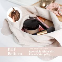 the contents of a cosmetic bag are shown in this image, with text overlay