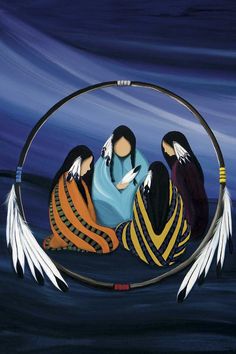 three women sitting in the middle of a circle with feathers on it and one woman holding a knife