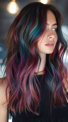 Brunette Fashion Color Hair, Blonde In Front Red In Back, Brown Hair With Fun Highlights, Rainbow Peekaboo Hair Black, Cool Hair Colors For Women, Colorful Hair Underneath, Colored Roots With Brown Hair, Dark Hair Balayage Ideas, Balayage Hair Fun Colors