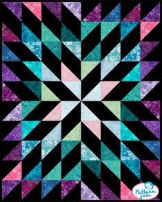 a black and purple quilt with an abstract design in the center, which is made up of