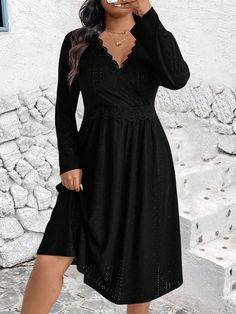 Plus Size Solid Color V-Neck Lace Patchwork Wrap Elegant Long Sleeve Dress Black Elegant  Long Sleeve Fabric Plain A Line Medium Stretch  Women Plus Clothing, size features are:Bust: ,Length: ,Sleeve Length: Sports Jackets Women, Belted Coat, Black Long Sleeve Dress, Collars For Women, Long Sleeve Bodycon Dress, Kids Sleepwear, Inspiration Mode, Plus Clothing, Cortes De Cabello Corto