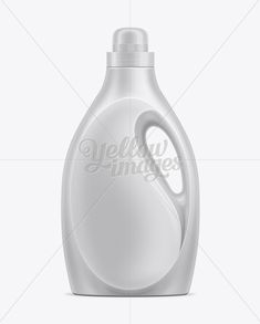 a white plastic bottle with a handle on the top and an oval shaped label in the bottom